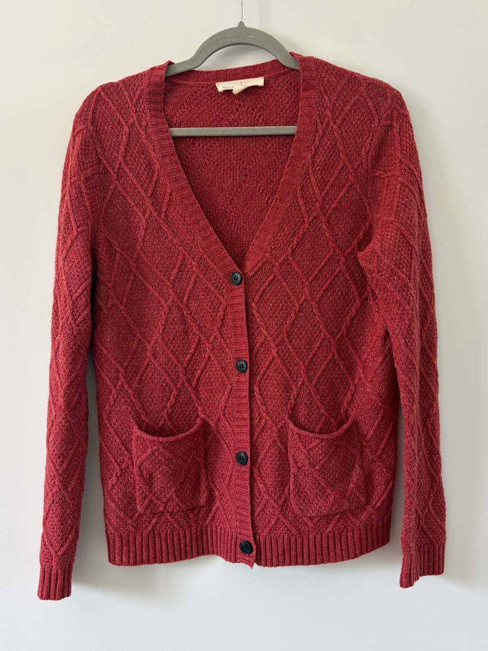 Seasalt Cornwall Kissing Gate Wool Cable Knit V Neck Button Down Cardigan Red 6